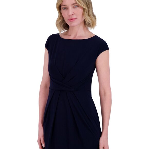 Jessica Howard Petite Pleat-Front Cap-Sleeve Boat-Neck Dress - Navy (NWT, 12P) - Picture 4 of 4
